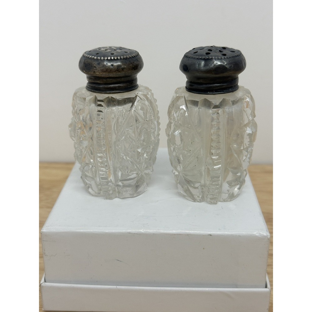 Vtg Cut Glass Salt & Pepper Shakers w/ Sterling Silver Repousse Nouveau Caps #51